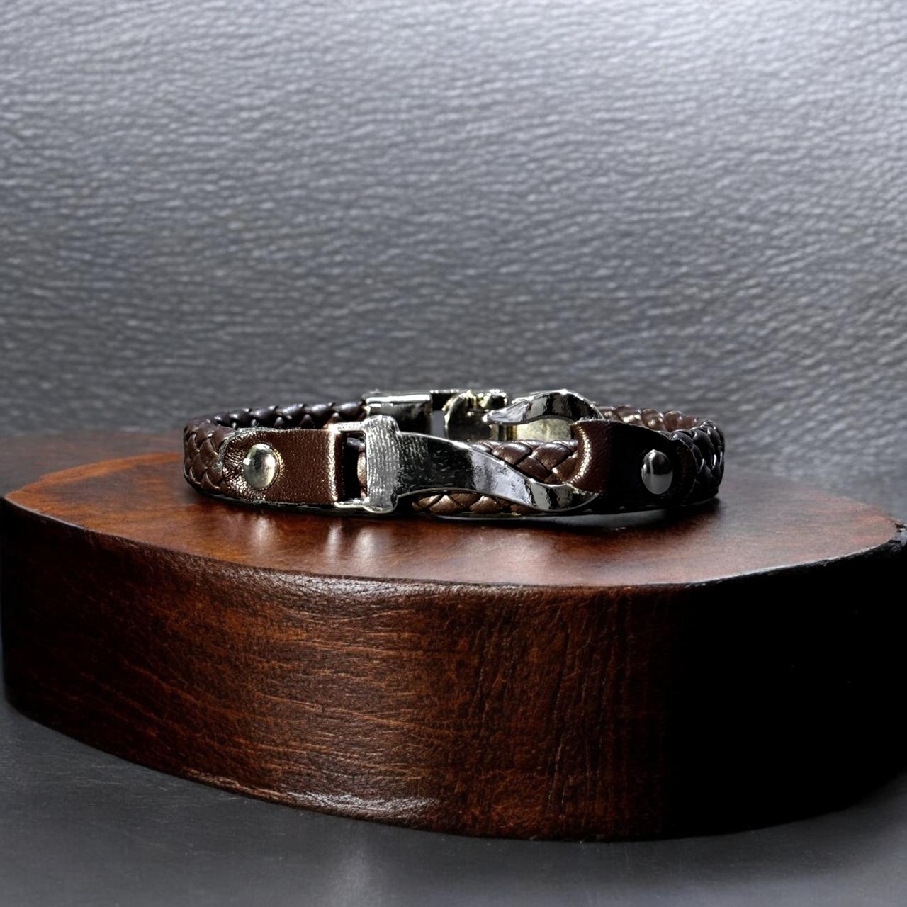 Artisan Braided Leather Bracelet with Sterling Steel Clasp - Zefiro