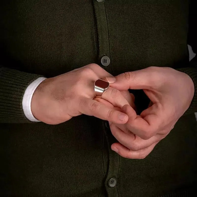 Red Agate Greek Key Signet Ring