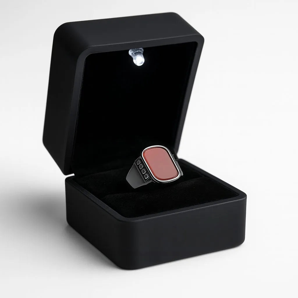 Red Agate Greek Key Signet Ring