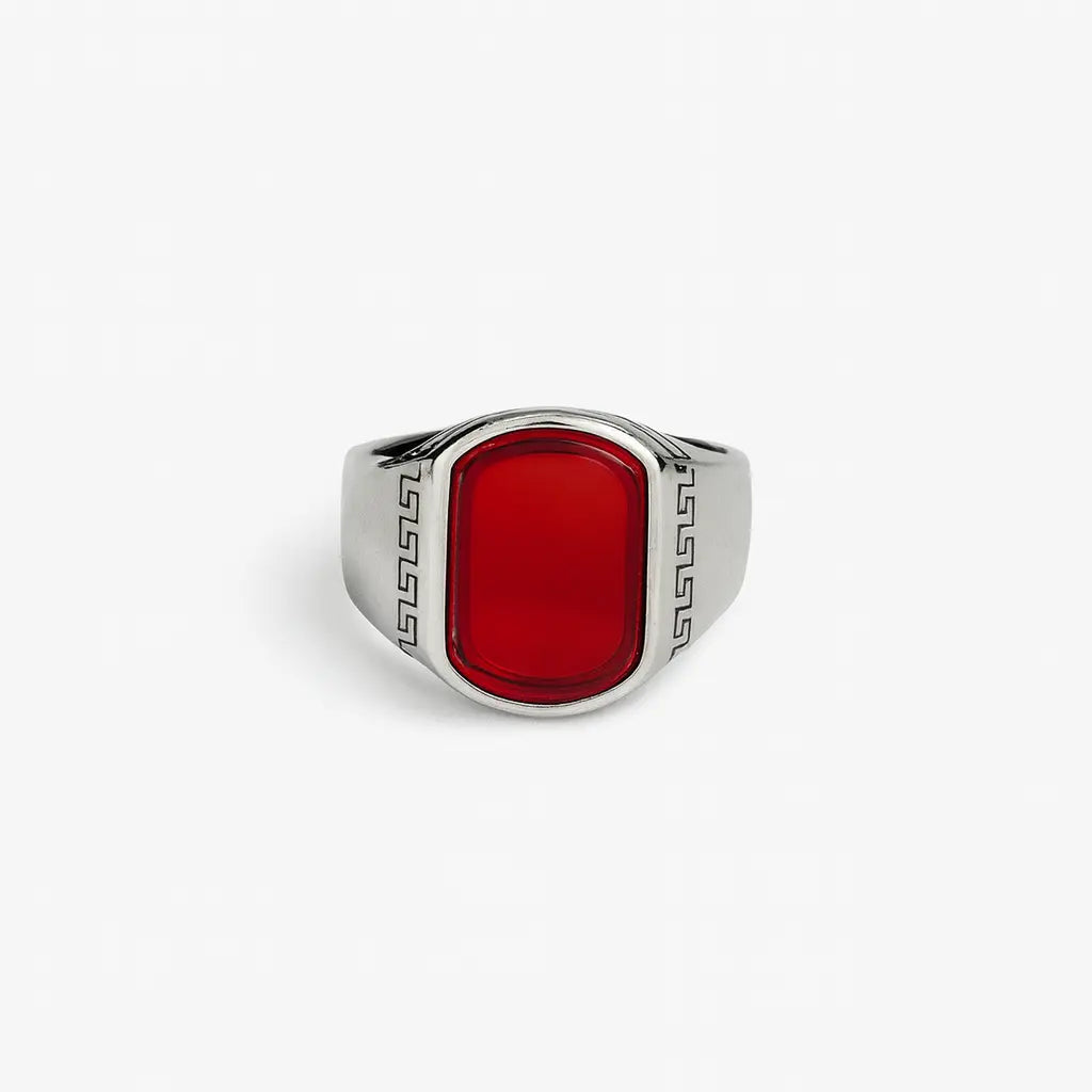Red Agate Greek Key Signet Ring