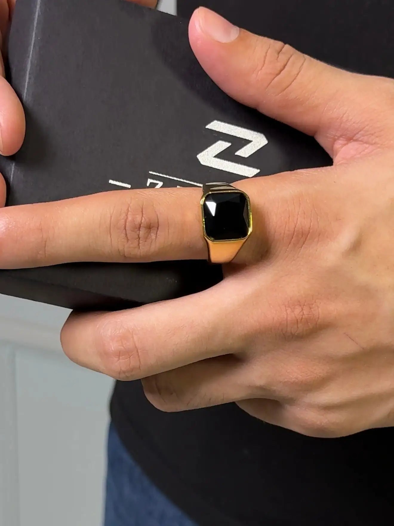 Gold plated square black onyx ring