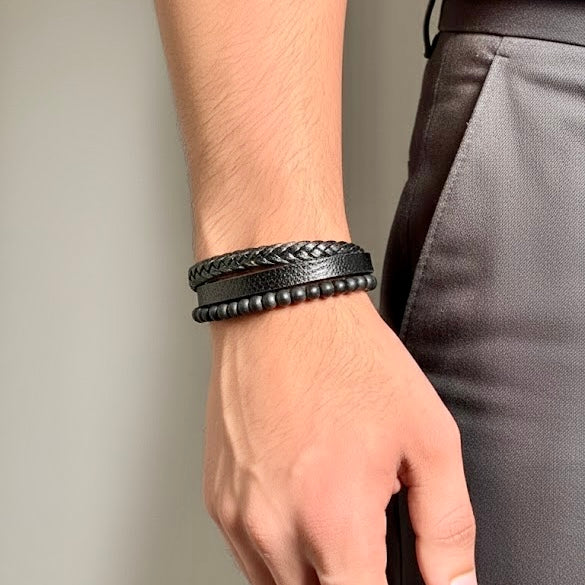 Triple-black Bead & Braid Cuff