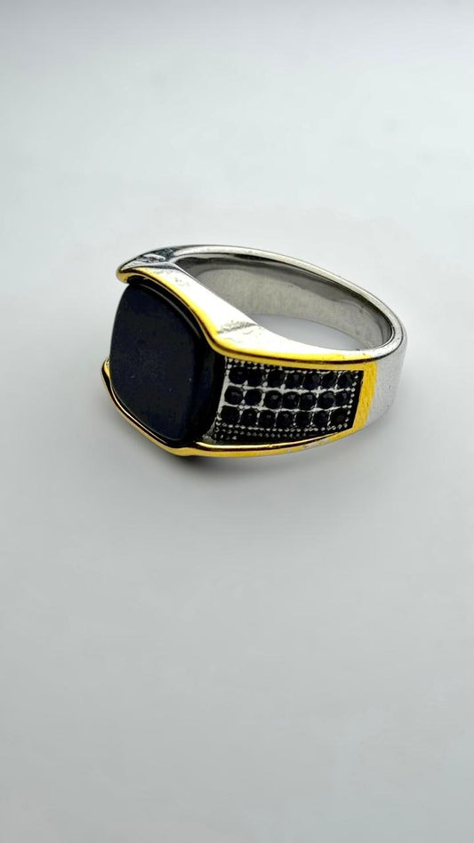 Silver Plated Golden Lined Onyx Ring