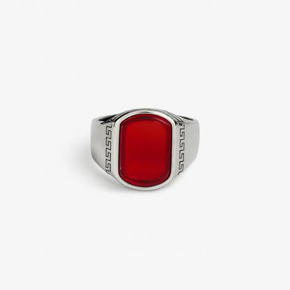 Red Agate Greek Key Signet Ring