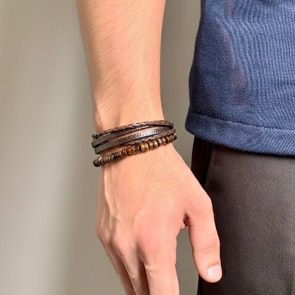 Triple-brown Bead & Braid Cuff