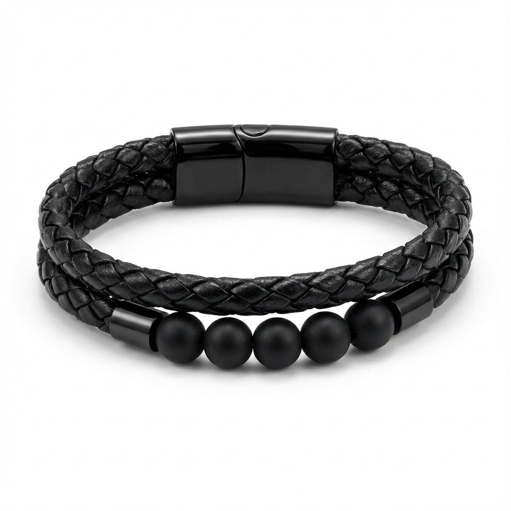 black Stone Leather Bracelet