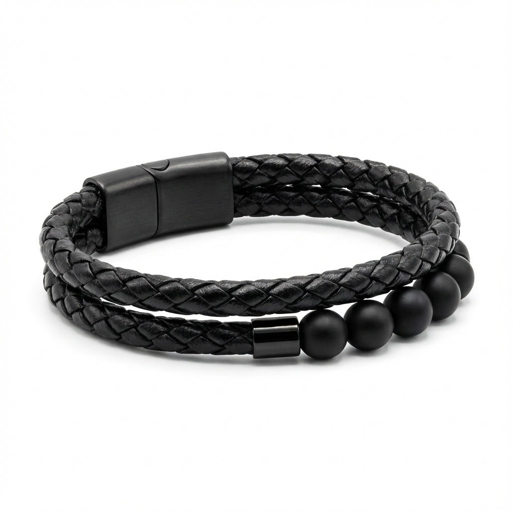 black Stone Leather Bracelet