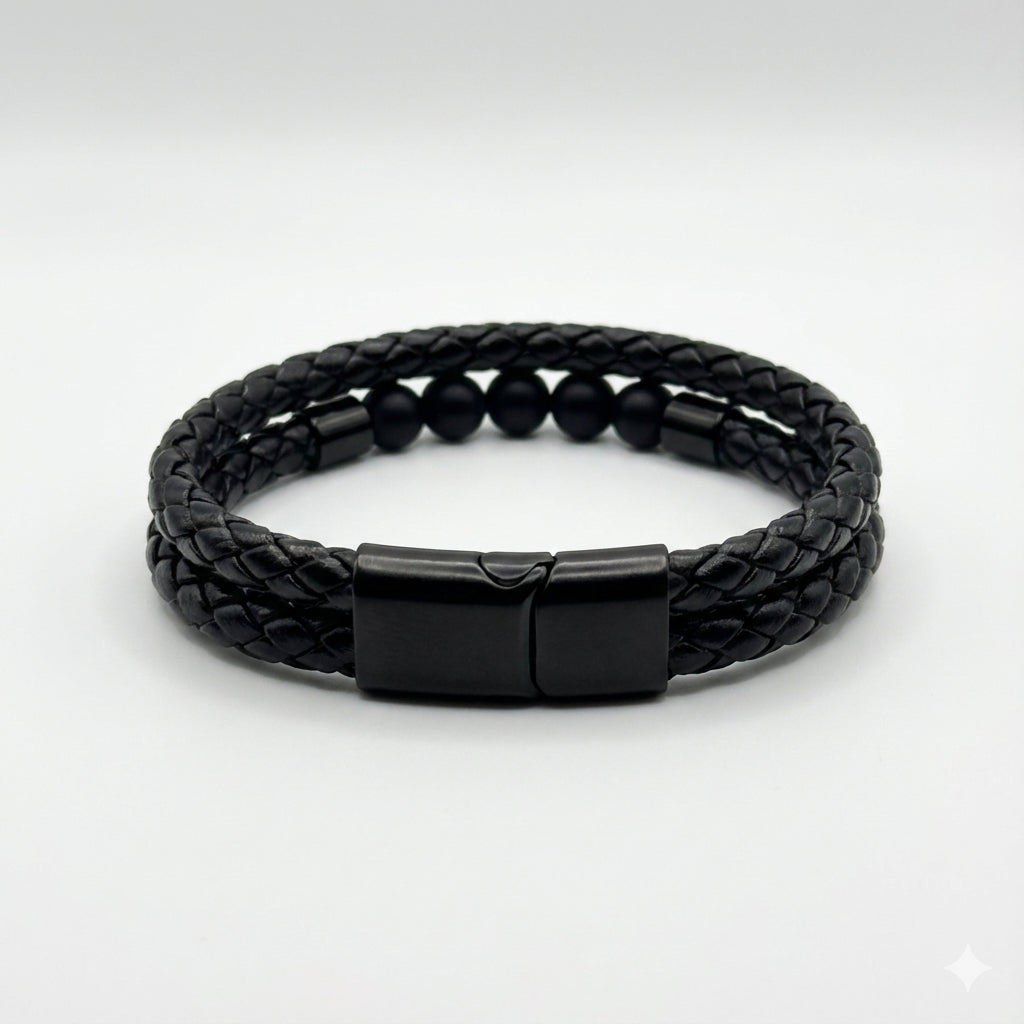 black Stone Leather Bracelet