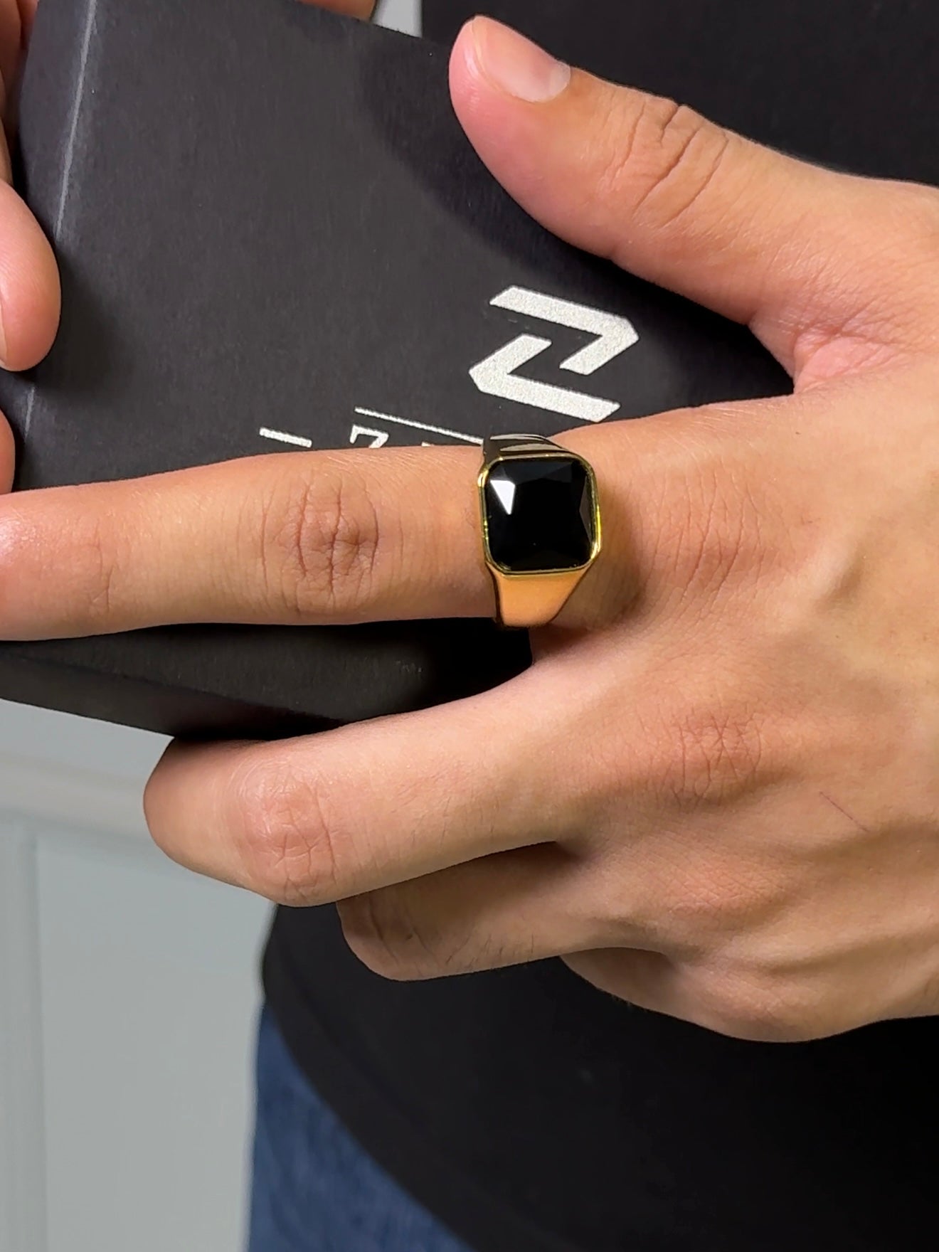 Gold plated square black onyx ring