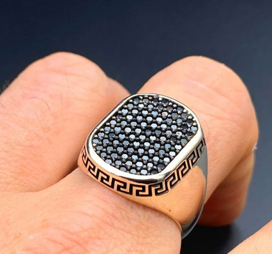 Midnight Greek Key Signet Ring